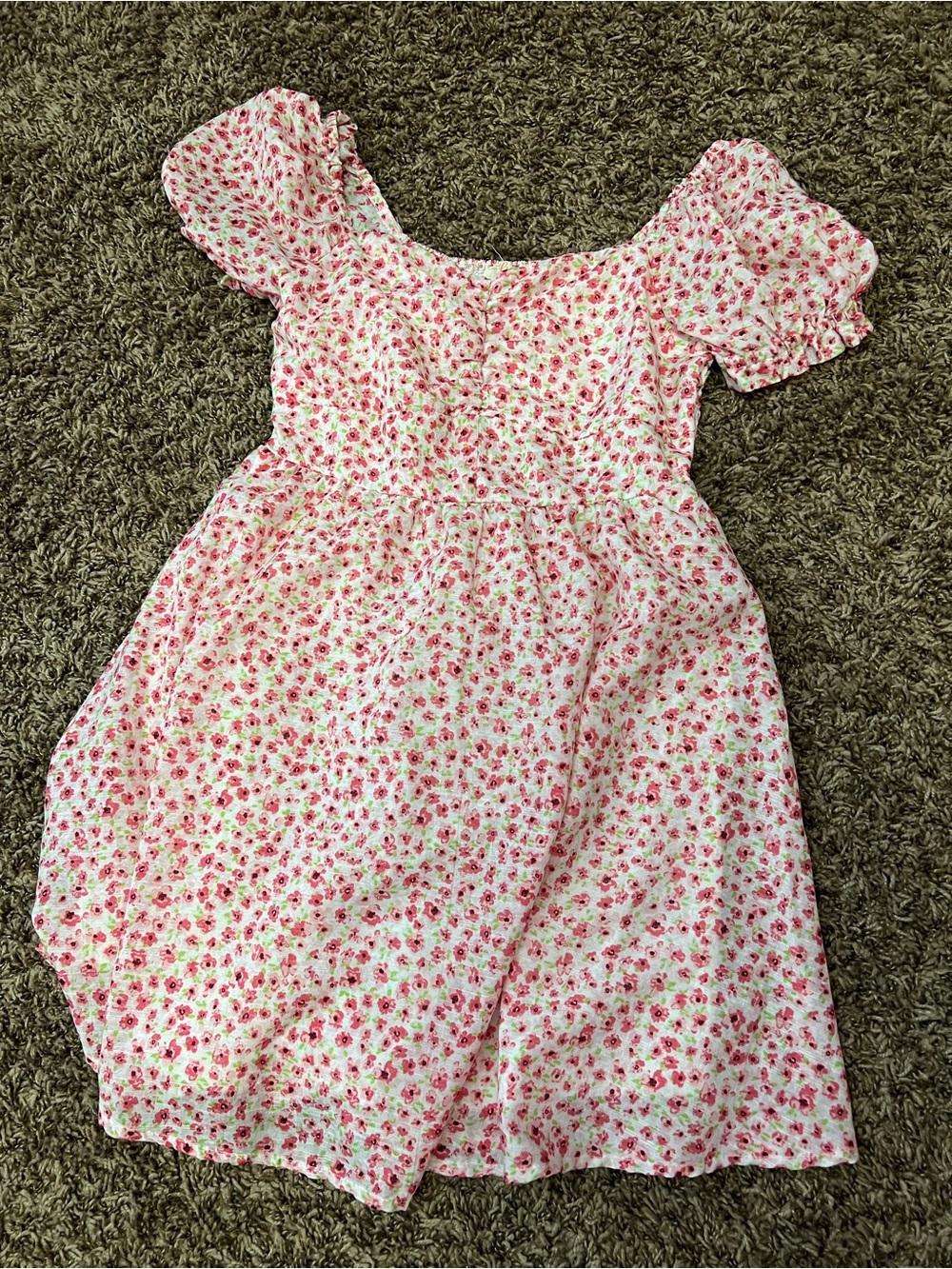 Blush Pink Floral Puff-Sleeve Square-Neck Dress
